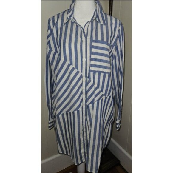 STUDIO 1886 Blue White Asymmetrical Striped Tunic Blouse Ladies L 12 14 - Picture 2 of 5